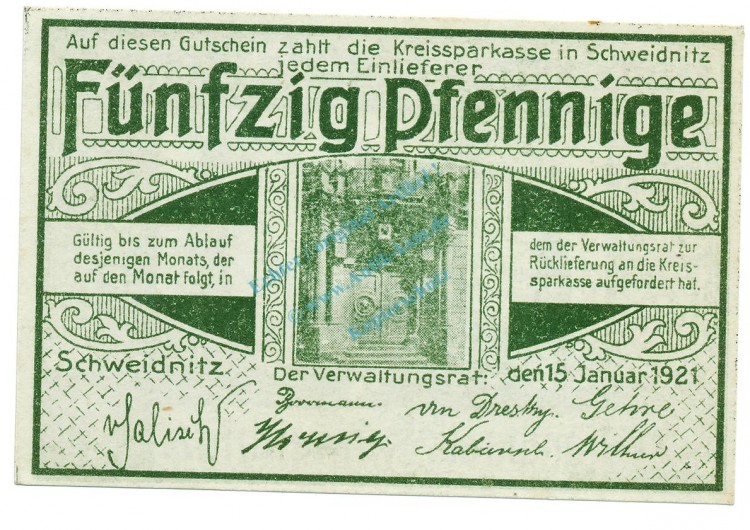 Schweidnitz , Notgeld 50 Pfennig Schein unc-kfr. Ti.6775.15.07 SLN 1921 Verkehrsausgabe -4263-