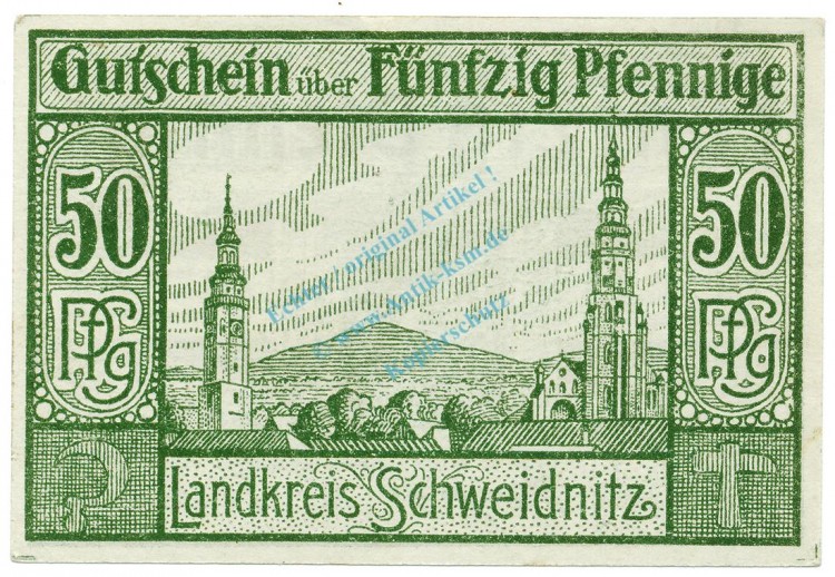 Schweidnitz , Notgeld 50 Pfennig Schein unc-kfr. Ti.6775.15.07 SLN 1921 Verkehrsausgabe -4263-