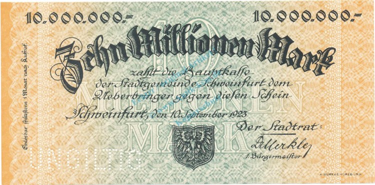 Schweinfurt , Banknote 10 Millionen Mark -MUSTER- unc-kfr. Keller 5092... Bayern 1923 Inflation