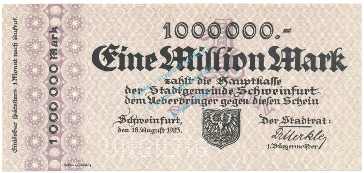 Schweinfurt , Banknote 1 Millionen Mark -MUSTER- unc-kfr. Keller 5092... Bayern 1923 Inflation