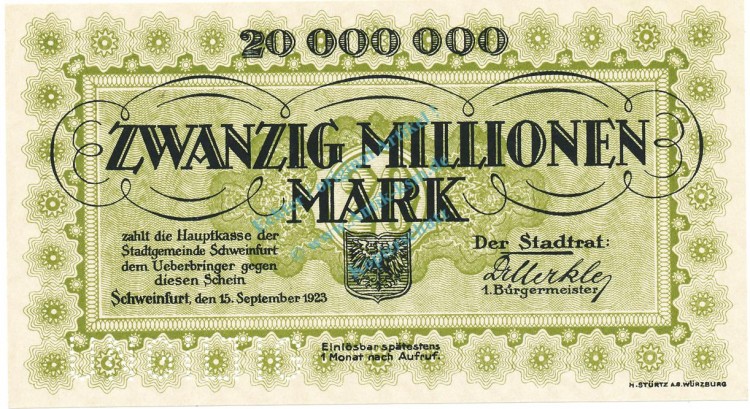 Schweinfurt , Banknote 20 Millionen Mark -MUSTER- unc-kfr. Keller 5092... Bayern 1923 Inflation