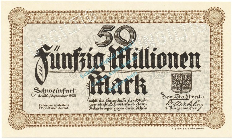Schweinfurt , Banknote 50 Millionen Mark -MUSTER- unc-kfr. Keller 5092... Bayern 1923 Inflation