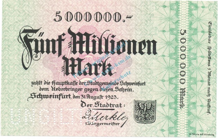 Schweinfurt , Banknote 5 Millionen Mark -MUSTER- unc-kfr. Keller 5092... Bayern 1923 Inflation