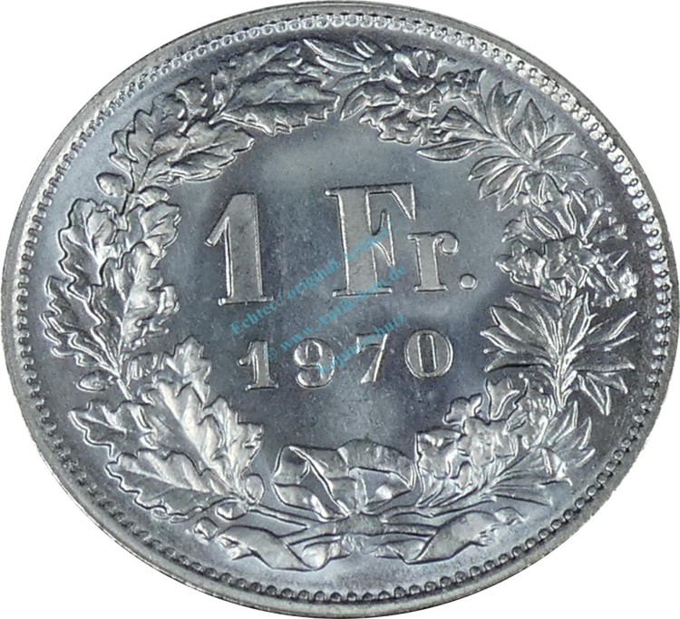 Schweiz , 1 Fanken Münze -Stehende Helvetia- von 1970 , vz-stgl  -0189-