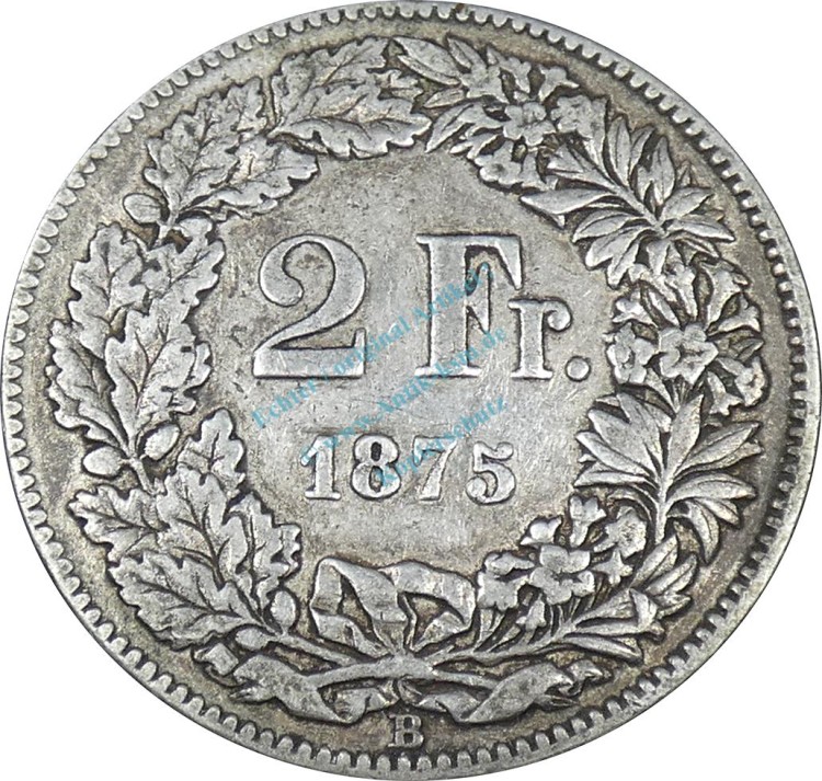 Schweiz , 2 Franken Münze 1875 B -stehende Helvetia- KM.49 ss. -0248-
