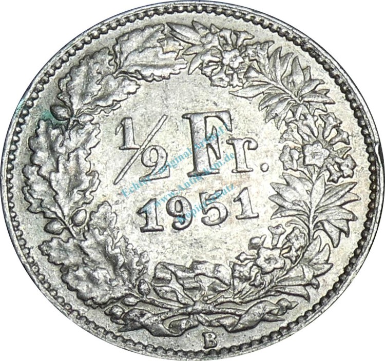 Schweiz , Kursmünze 1 halber Franken 1951 B -Helvetia mit Schild- KM.23 ss-vz -0228-