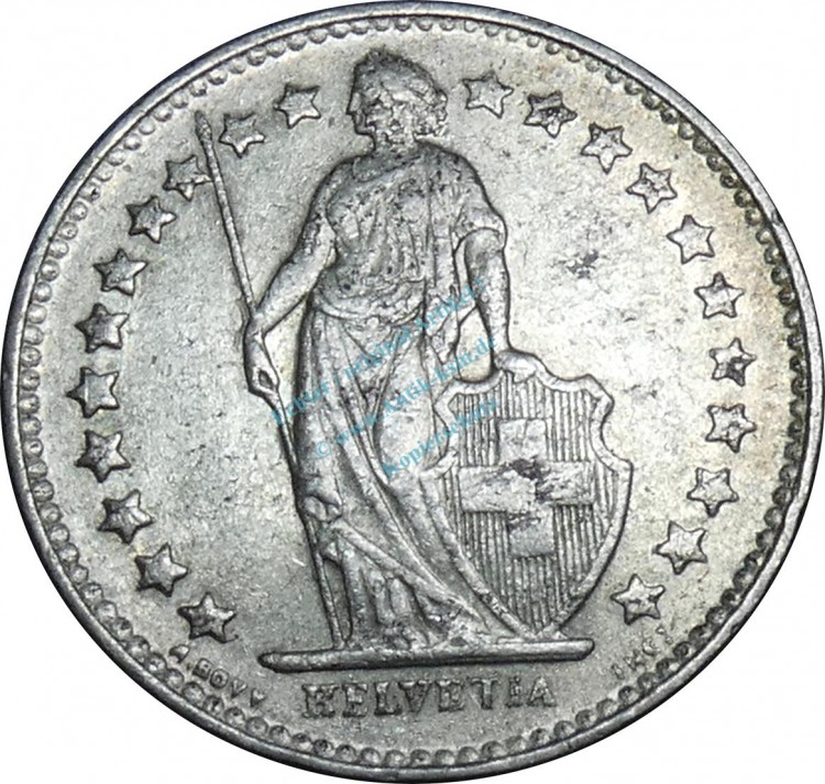 Schweiz , Kursmünze 1 halber Franken 1951 B -Helvetia mit Schild- KM.23 ss-vz -0228-
