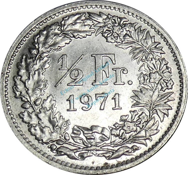 Schweiz , Kursmünze 1 halber Franken 1971 -Helvetia mit Schild- KM.23.a ss-vz -0232-