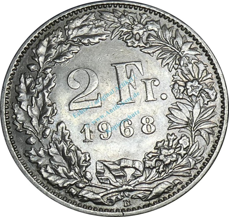 Schweiz , Kursmünze 2 Franken 1968 B -Helvetia mit Schild- KM.21.a ss-vz -0227-