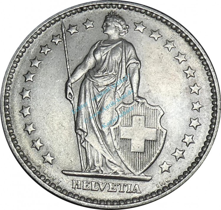 Schweiz , Kursmünze 2 Franken 1968 B -Helvetia mit Schild- KM.21.a ss-vz -0227-