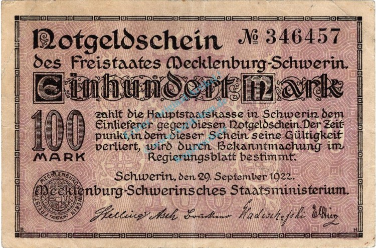 Schwerin , Banknote 100 Mark Schein gbr. Müller 4210.1 , Mecklenburg 1923 Inflation