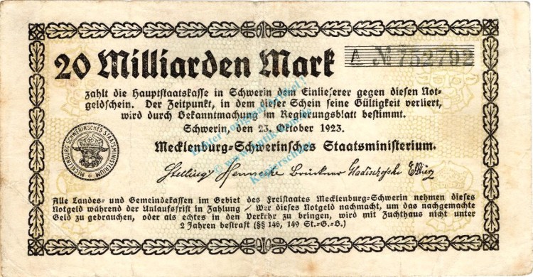 Schwerin , Banknote 20 Milliarden Mark Schein gbr. Keller 3491.g , Mecklenburg 1923 Inflation