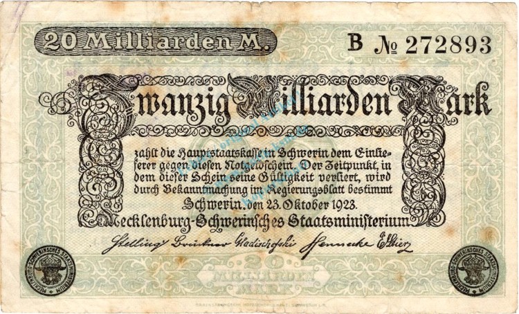 Schwerin , Banknote 20 Milliarden Mark Schein gbr. Keller 3491.h , Mecklenburg 1923 Inflation