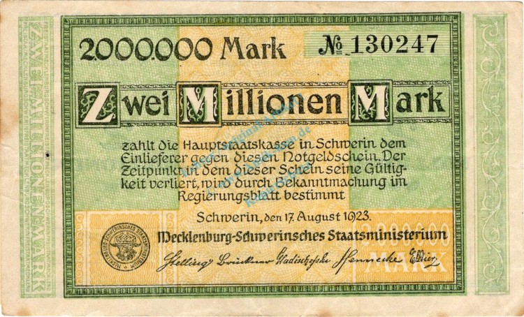 Schwerin , Banknote 2 Millionen Mark Schein gbr. Keller 3491.d , Mecklenburg 1923 Inflation