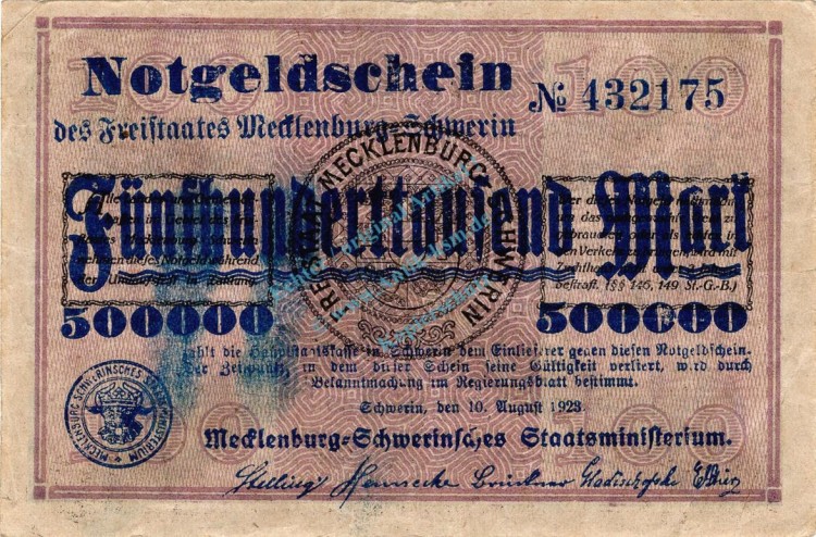 Schwerin , Banknote 500.000 Mark Schein gbr. Müller 4210.W1 , Mecklenburg 1923 Inflation