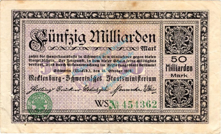 Schwerin , Banknote 50 Milliarden Mark Schein gbr. Keller 3491.f , Mecklenburg 1923 Inflation