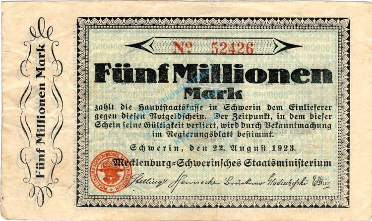 Schwerin , Banknote 5 Millionen Mark Schein gbr. Keller 3491.e , Mecklenburg 1923 Inflation