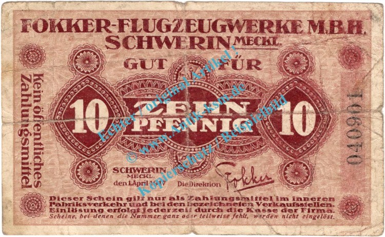 Schwerin , Notgeld 10 Pfennig Schein in s-gbr. Tieste 6790.05.03 , Mecklenburg 1917 Verkehrsausgabe