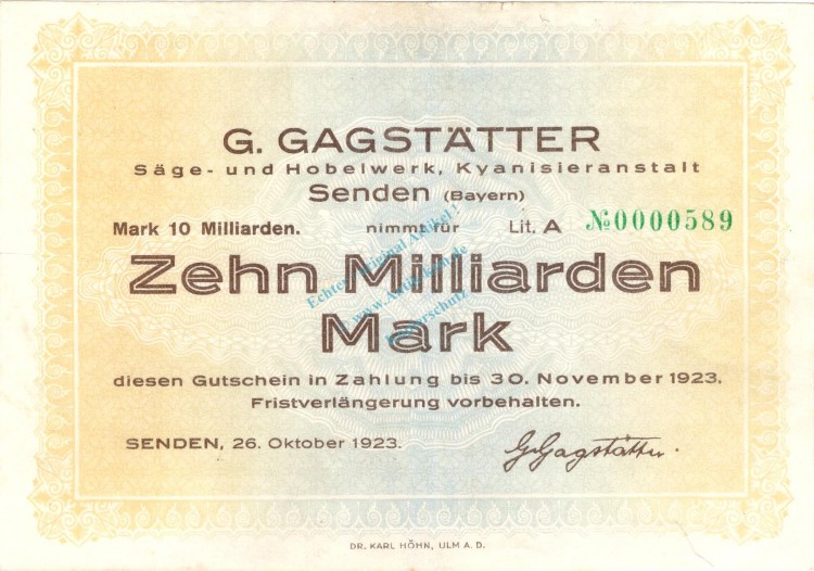 Senden , Banknote 10 Milliarden Mark Schein gbr. Keller 4770 , Bayern 1923 Inflation