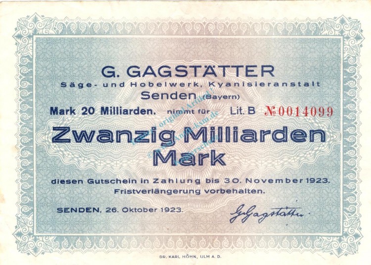 Senden , Banknote 20 Milliarden Mark Schein gbr. Keller 4770 , Bayern 1923 Inflation