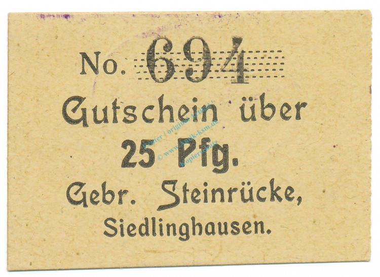 Siedlinghausen , Notgeld 25 Pfennig Schein unc-kfr. Tieste 6880.25.15 , Westfalen o.D. Verkehrsausgabe