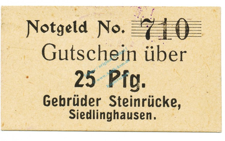 Siedlinghausen , Notgeld 25 Pfennig Schein unc-kfr. Tieste 6880.25.40 , Westfalen o.D. Verkehrsausgabe