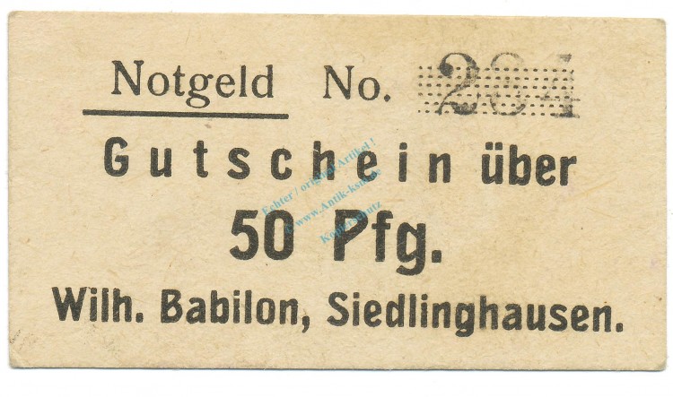 Siedlinghausen , Notgeld 50 Pfennig Schein unc-kfr. Tieste 6880.05.04 , Westfalen o.D. Verkehrsausgabe