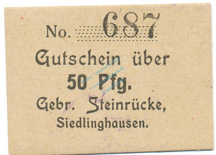 Siedlinghausen , Notgeld 50 Pfennig Schein unc-kfr. Tieste 6880.25.10 , Westfalen o.D. Verkehrsausgabe