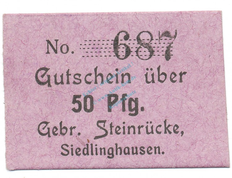Siedlinghausen , Notgeld 50 Pfennig Schein unc-kfr. Tieste 6880.25.21 , Westfalen o.D. Verkehrsausgabe