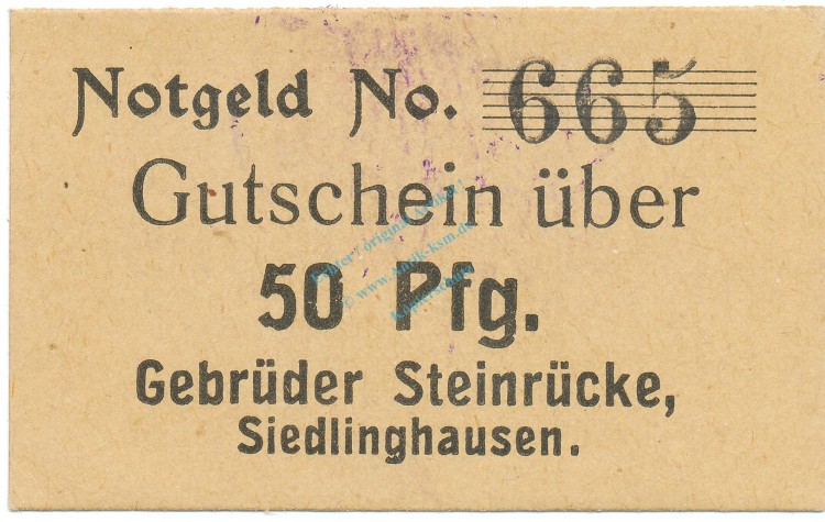 Siedlinghausen , Notgeld 50 Pfennig Schein unc-kfr. Tieste 6880.25.41 , Westfalen o.D. Verkehrsausgabe