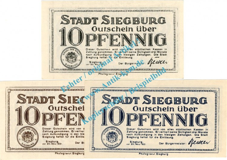 Siegburg , Notgeld Set mit 3 Scheinen in kfr. M-G 1225.1 , Westfalen 1921 Seriennotgeld