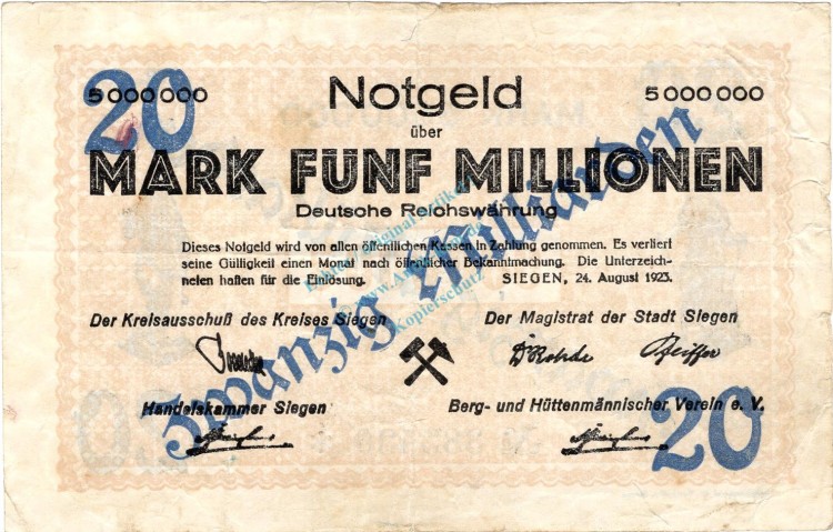 Siegen , Banknote 20 Milliarden Mark Schein gbr. Keller 4778.f , Westfalen 1923 Inflation