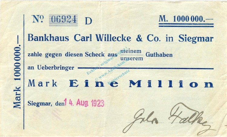 Siegmar , Banknote 1 Million Mark Scheck gbr. Bühn 6762... Sachsen 1923 Inflation