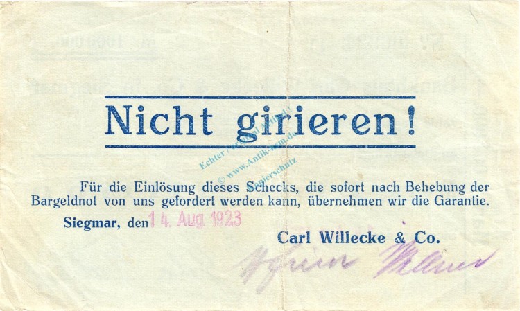 Siegmar , Banknote 1 Million Mark Scheck gbr. Bühn 6762... Sachsen 1923 Inflation