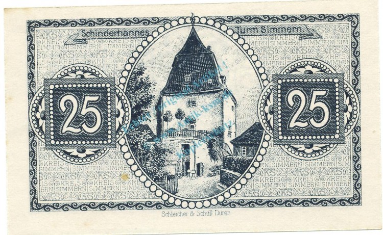 Simmern , Notgeld 25 Pfennig Schein unc-kfr. Ti.6925.05.10 RHL 1919 Verkehrsausgabe -4314-