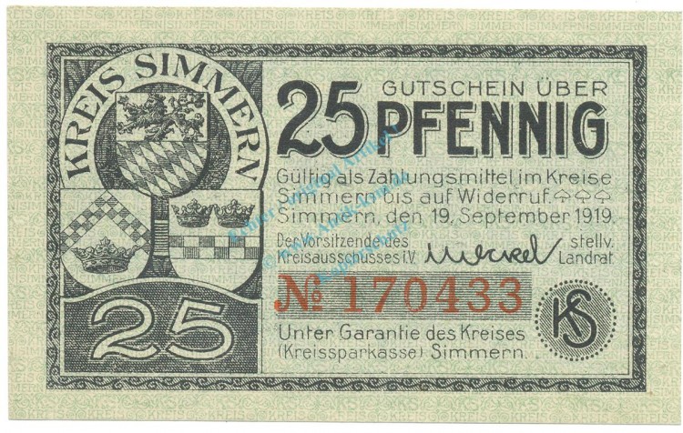 Simmern , Notgeld 25 Pfennig Schein unc-kfr. Ti.6925.05.15 RHL 1919 Verkehrsausgabe -4315-