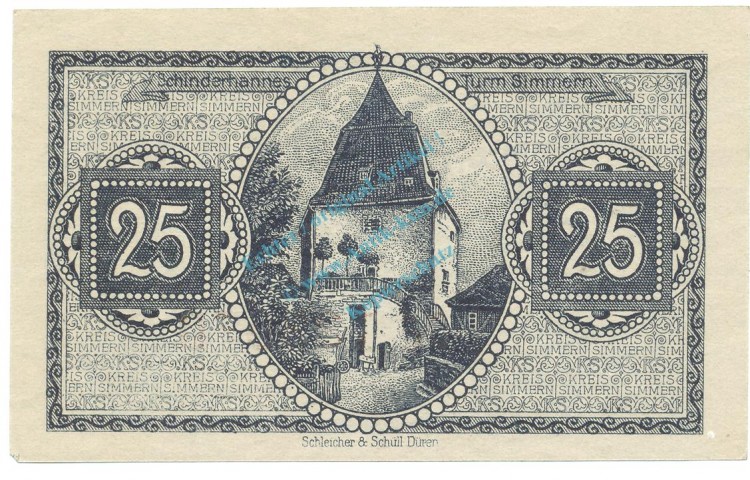 Simmern , Notgeld 25 Pfennig Schein unc-kfr. Ti.6925.05.15 RHL 1919 Verkehrsausgabe -4315-