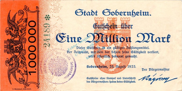 Sobernheim , Banknote 1 Million Mark Schein F-kfr. Keller 4801.f , Rheinland 1923 Inflation