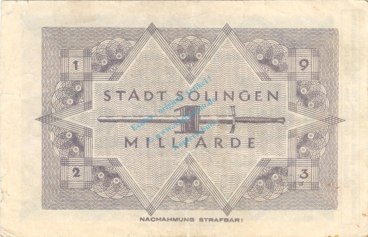 Solingen , Banknote 1 Milliarde Mark Schein in gbr. Keller 4809.q , Rheinland 1923 Inflation