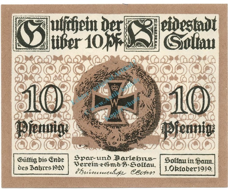 Soltau , Notgeld 10 Pfennig Schein unc-kfr. Ti.6965.05.20 NDS 1919 Verkehrsausgabe -4288-