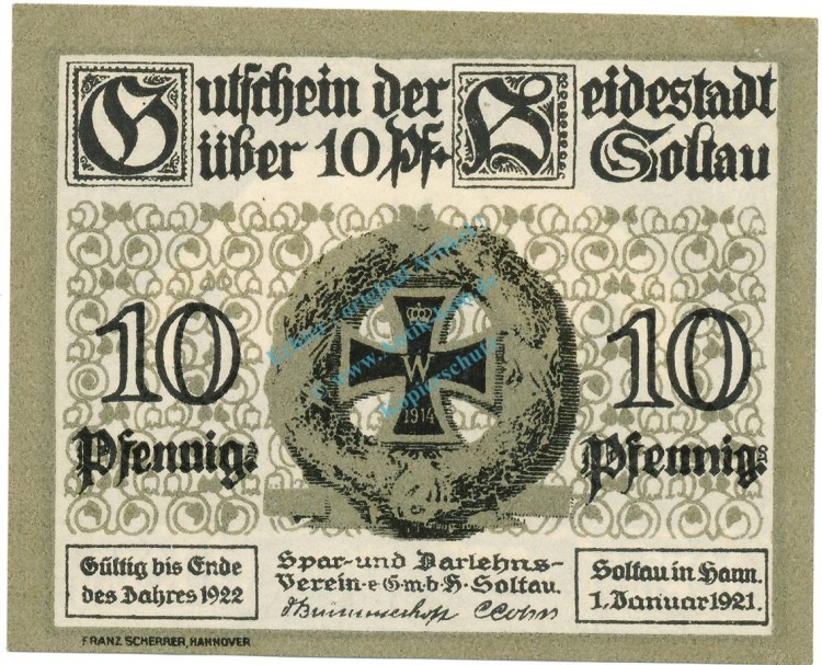 Soltau , Notgeld 10 Pfennig Schein unc-kfr. Ti.6965.05.40 NDS 1921 Verkehrsausgabe -4289-