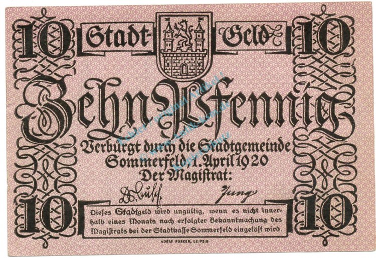 Sommerfeld , Notgeld 10 Pfennig Schein unc-kfr. Ti.6970.05.20 BBG 1920 Verkehrsausgabe -4274-