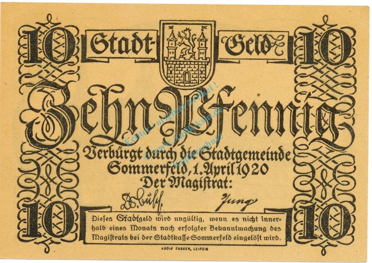 Sommerfeld , Notgeld 10 Pfennig Schein unc-kfr. Tieste 6970.05.25 , BBG 1920 Verkehrsausgabe -4144-