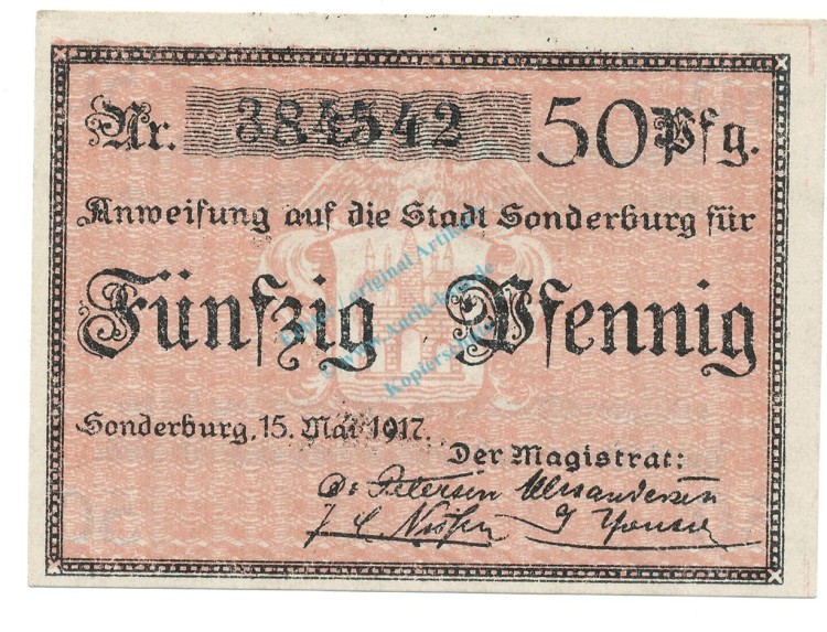 Sonderburg , Notgeld 50 Pfennig Schein unc-kfr. Ti.6975.10.11 DNS 1917 Verkehrsausgabe -4283-
