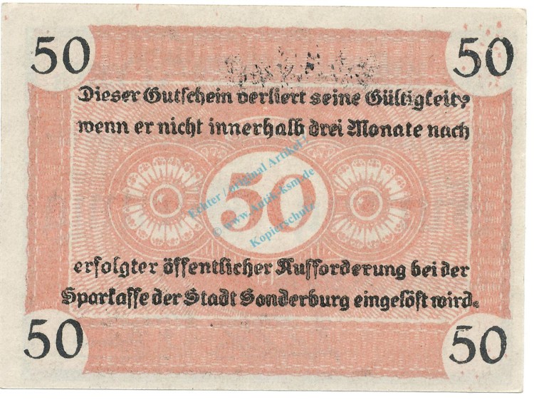 Sonderburg , Notgeld 50 Pfennig Schein unc-kfr. Ti.6975.10.11 DNS 1917 Verkehrsausgabe -4283-