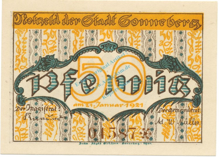 Sonneberg , Notgeld 50 Pfennig -KN braun- unc-kfr. M-G.1244.1.b , TH 1921 Seriennotgeld -5836-