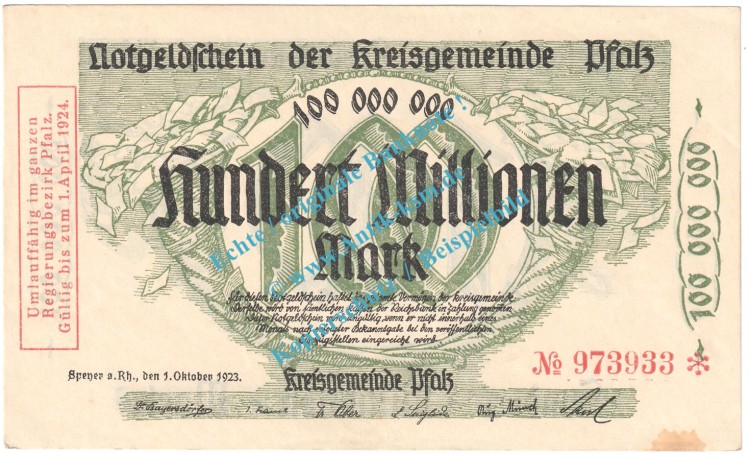 Speyer , Notgeld 100 Millionen Mark Schein in f-kfr. Keller 4286.d , Pfalz 1923 Grossnotgeld Inflation
