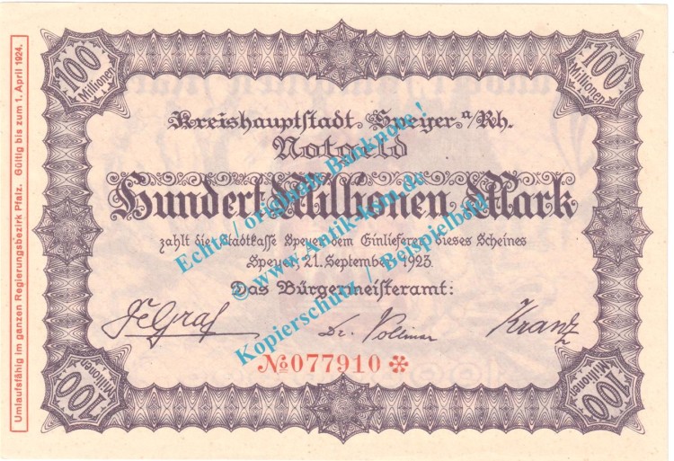 Speyer , Notgeld 100 Millionen Mark Schein in kfr. Keller 4834.p , Pfalz 1923 Grossnotgeld Inflation