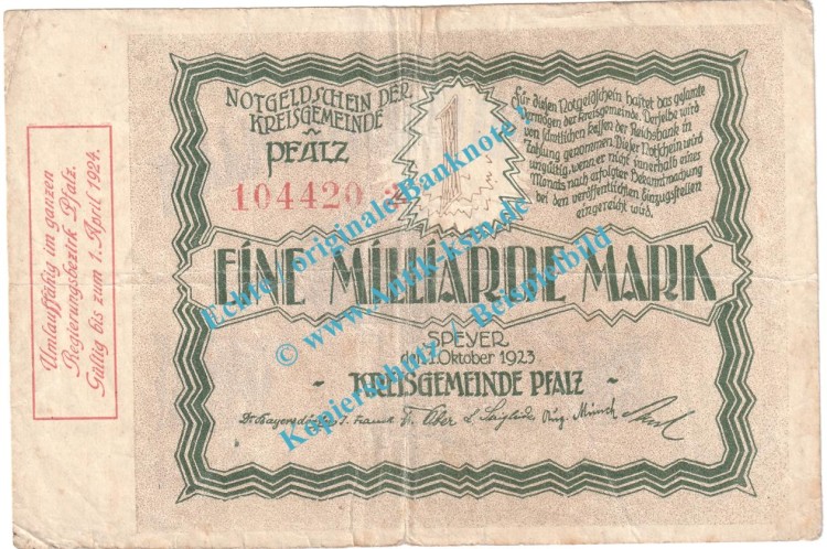Speyer , Notgeld 1 Milliarde Mark Schein in gbr. Keller 4286.d , Pfalz 1923 Grossnotgeld Inflation