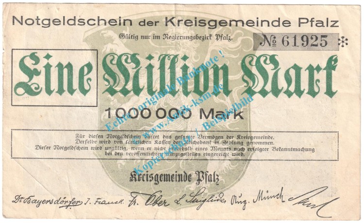 Speyer , Notgeld 1 Million Mark Schein in gbr. Keller 4286.a , Pfalz 1923 Grossnotgeld Inflation